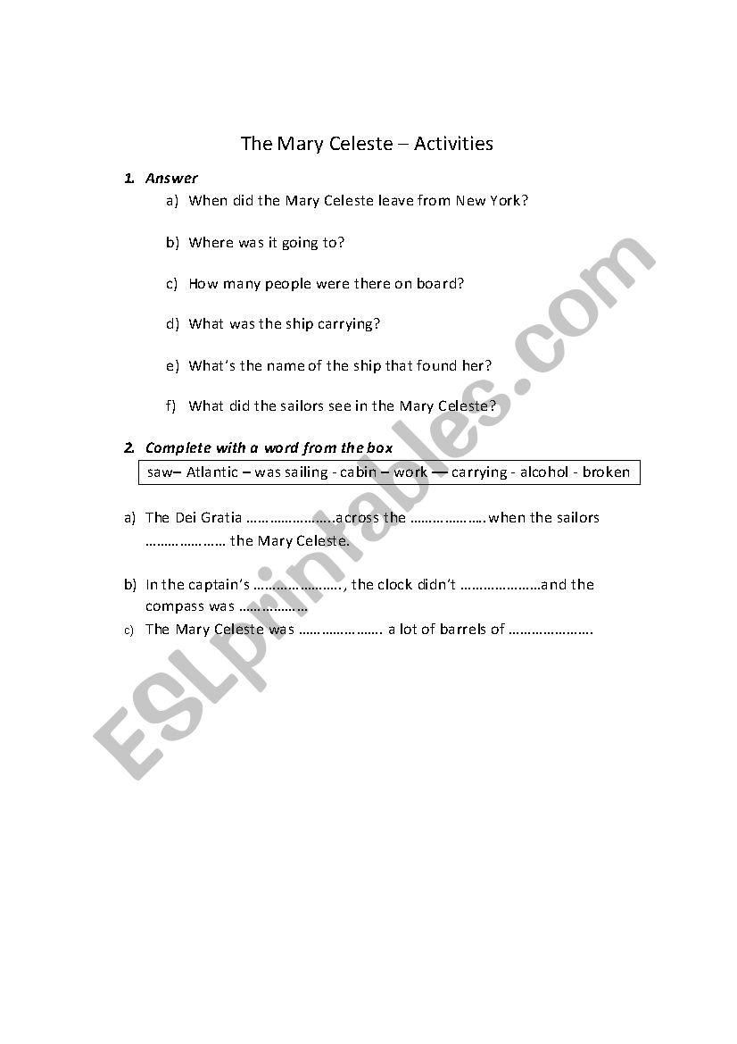 The Mary Celeste worksheet