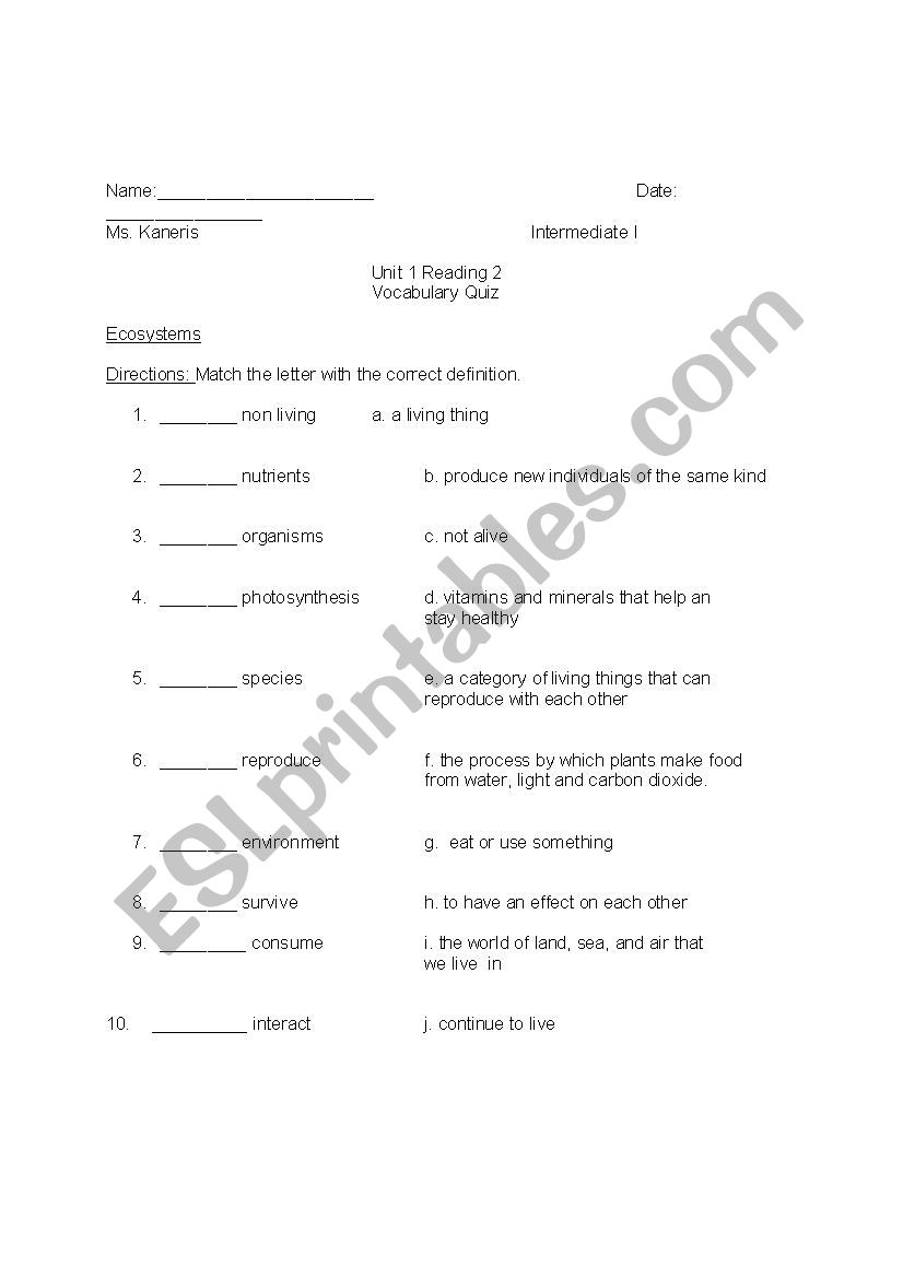 Ecosystem Vocabulary quiz worksheet