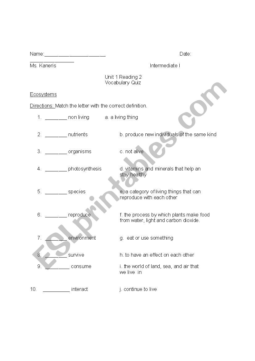 Ecosystem Vocabulary quiz worksheet