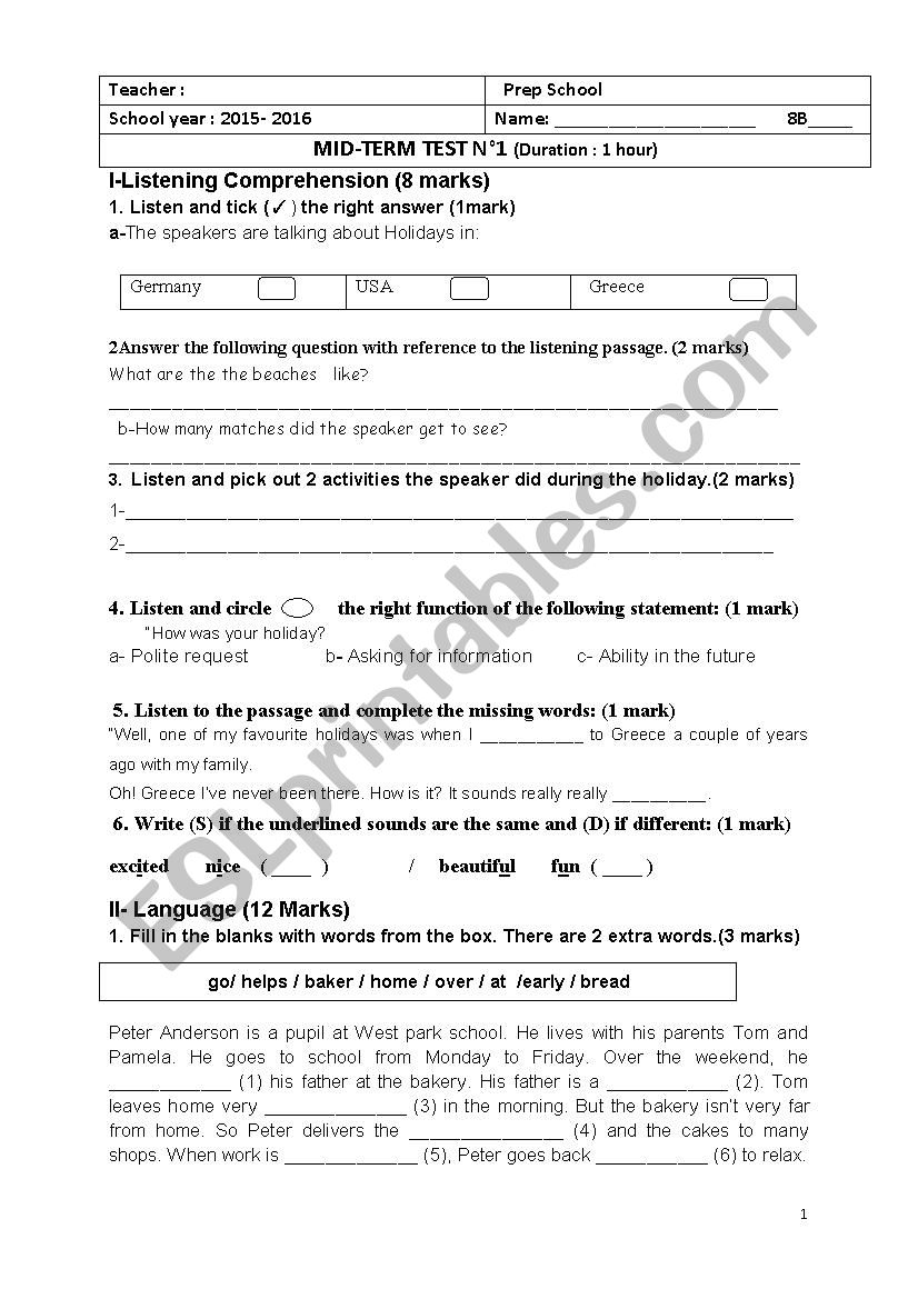 Mid term test1 8th form worksheet