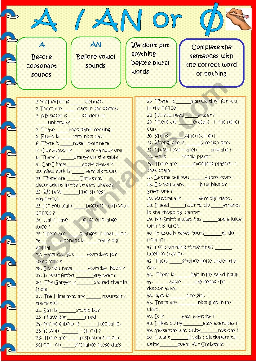 A, an or nothing  worksheet