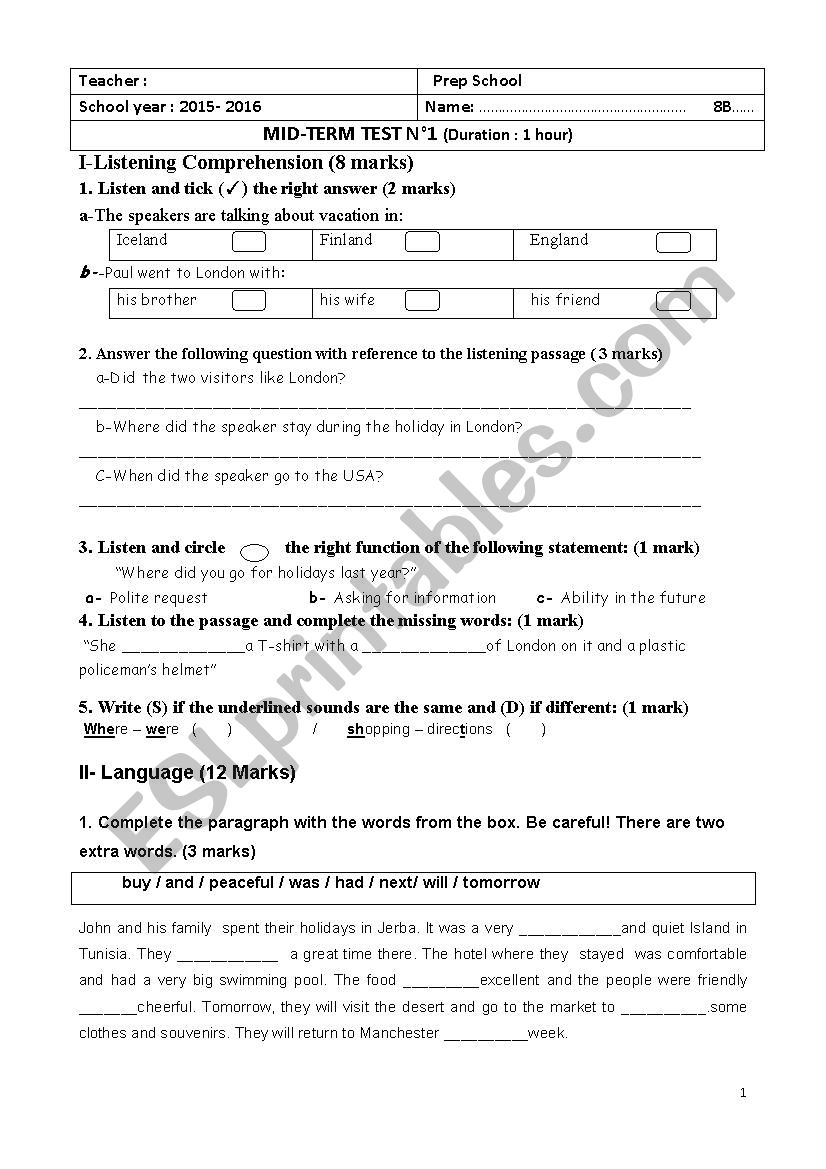 8th form mid term test1 worksheet