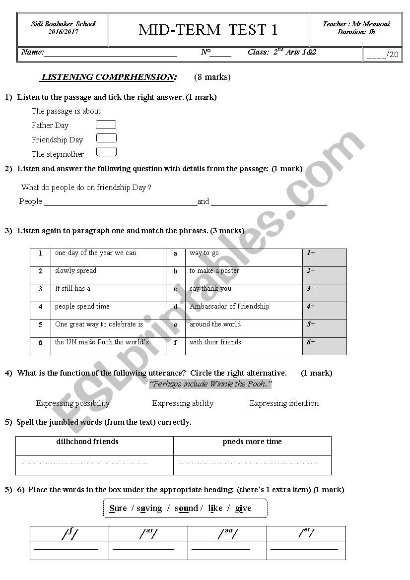 MID-TERM  TEST 1 2nd form  worksheet