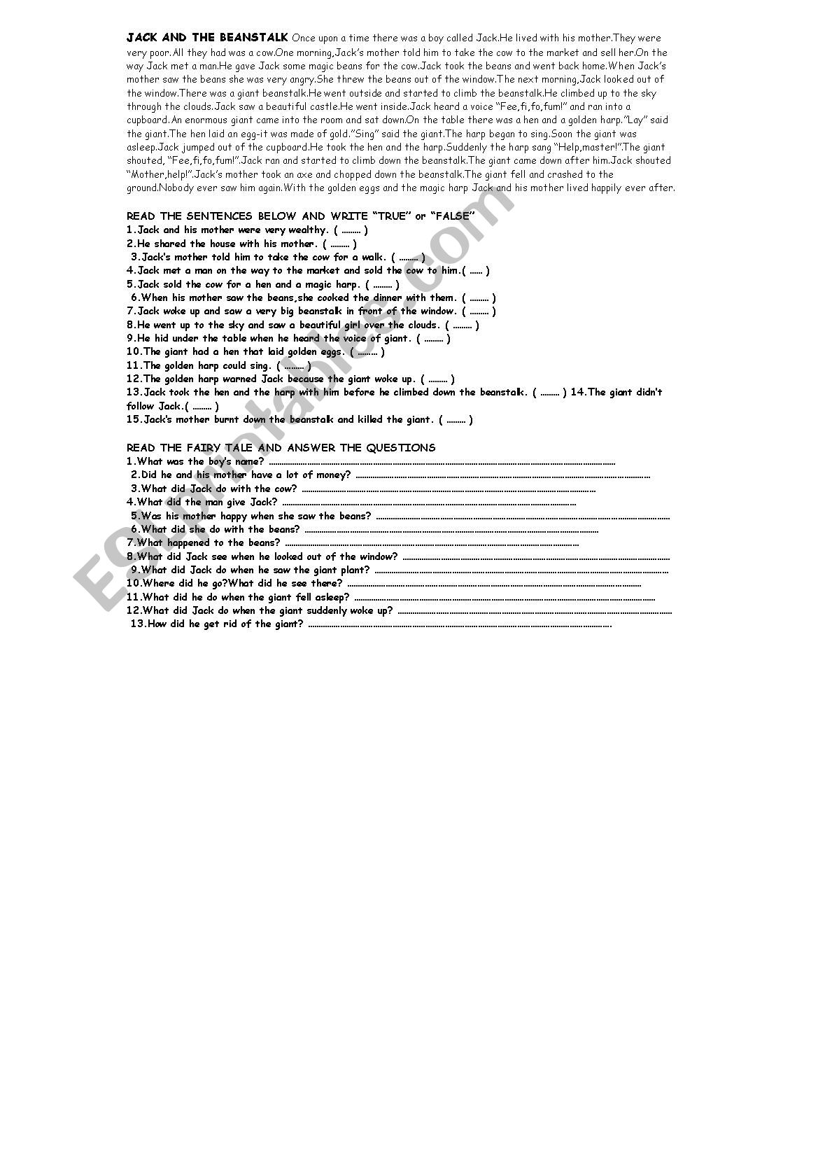 Jack and the Beanstalk worksheet