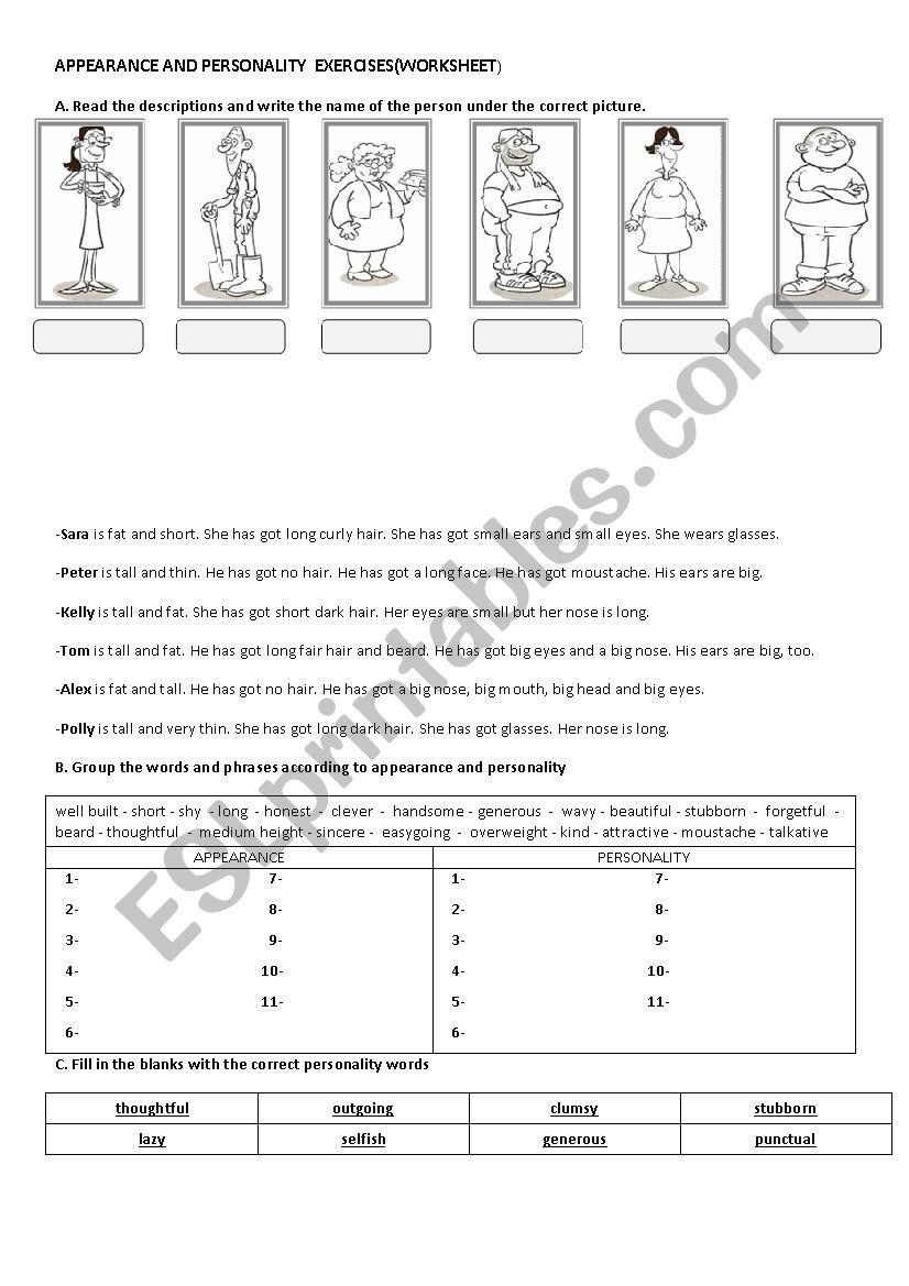 appearances and personality worksheet