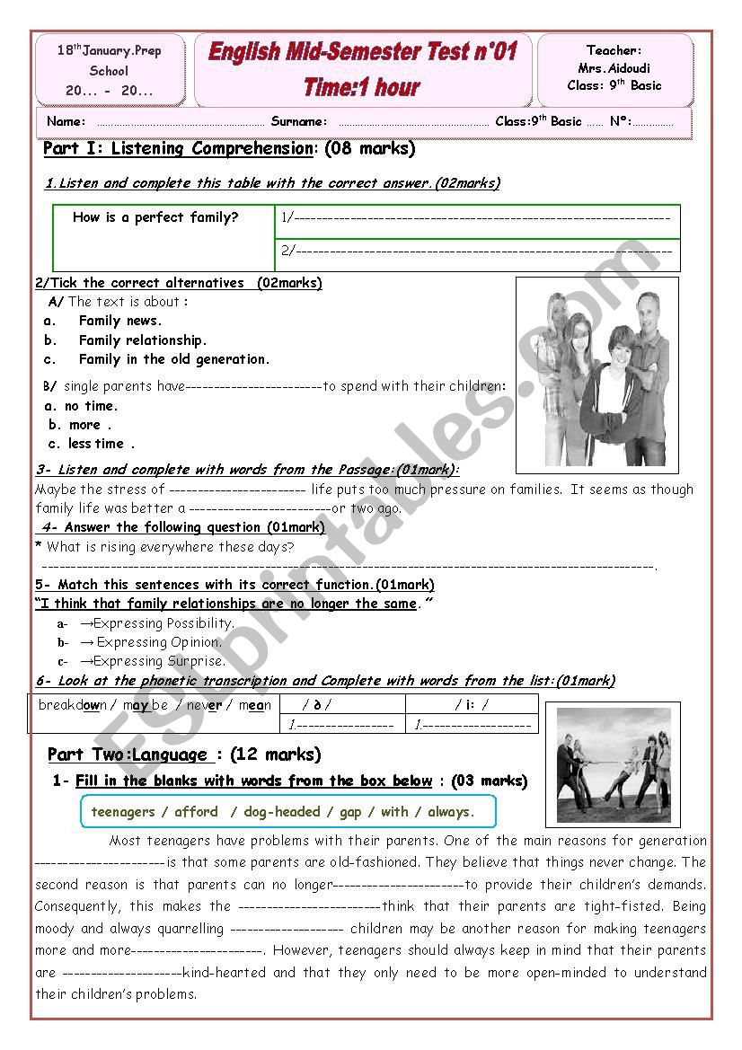 tes t01- 9th form worksheet