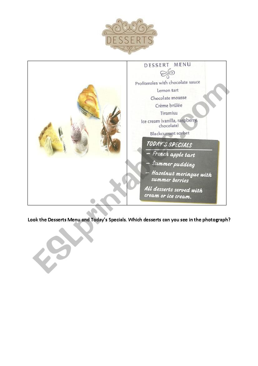 Tourism - Desserts worksheet