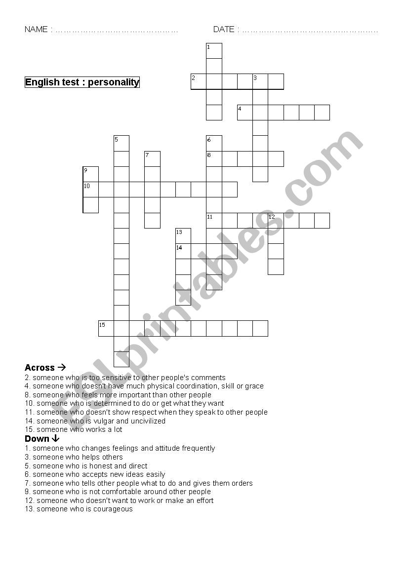 test vocabulary personality worksheet