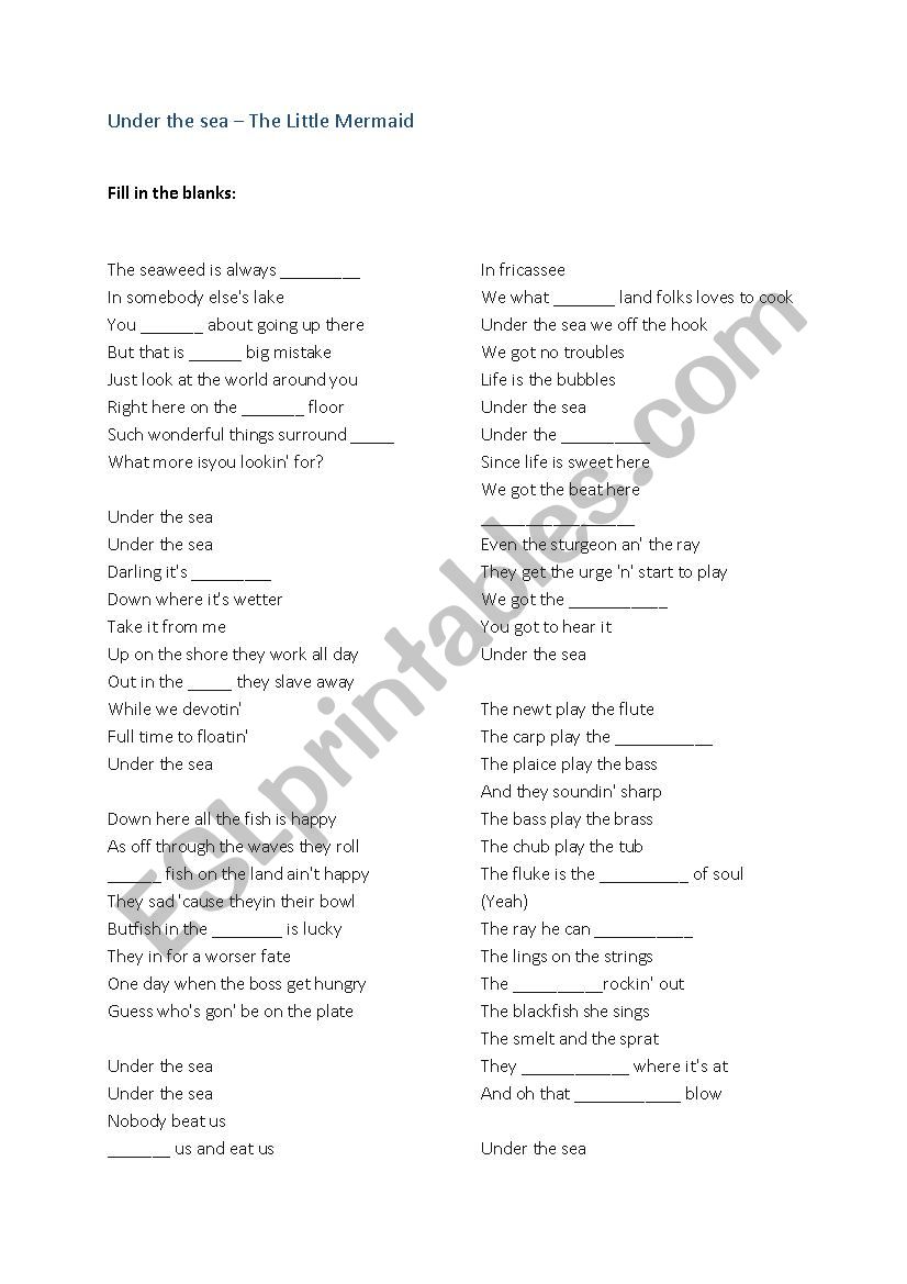 Under the sea worksheet