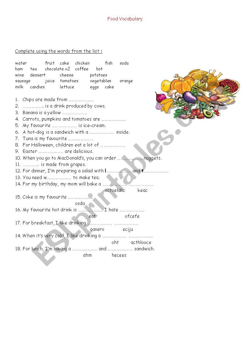 Food vocabulary exercise worksheet