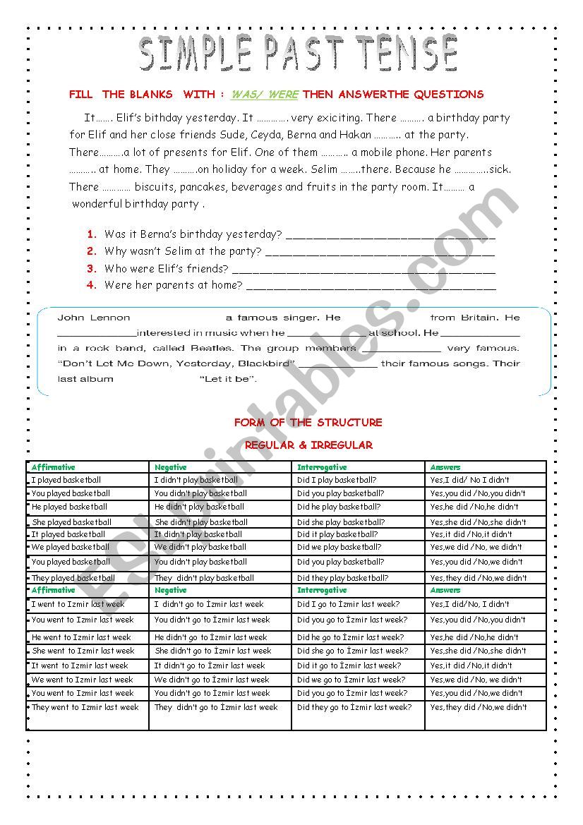 simple past  worksheet