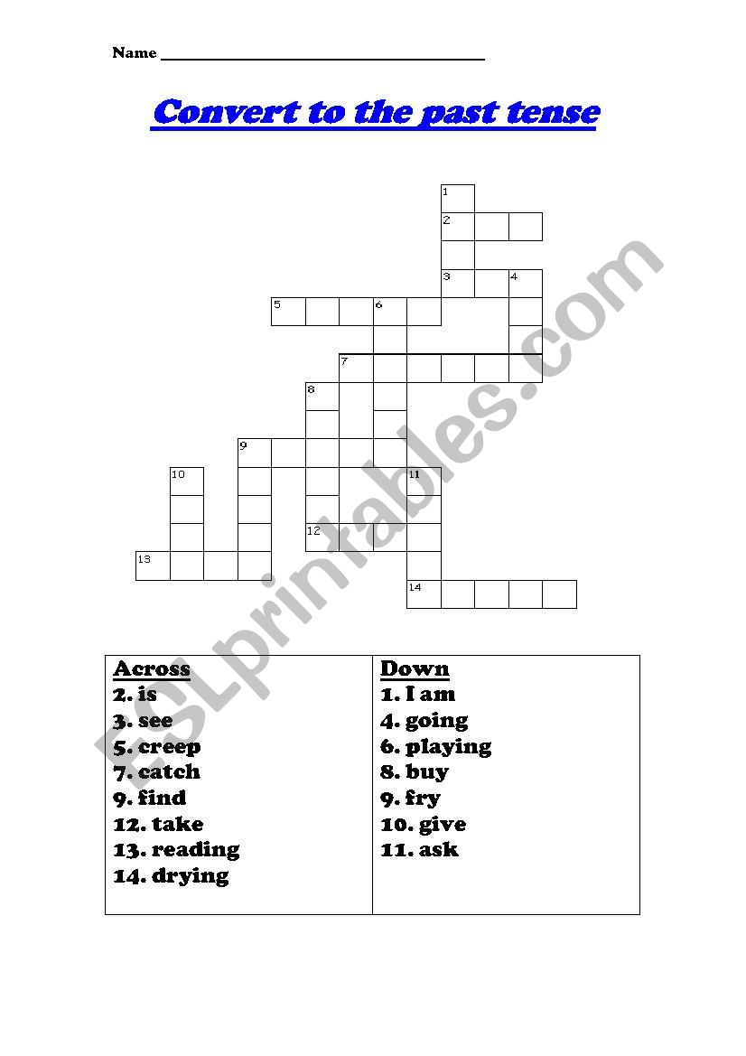 crossword past tense worksheet