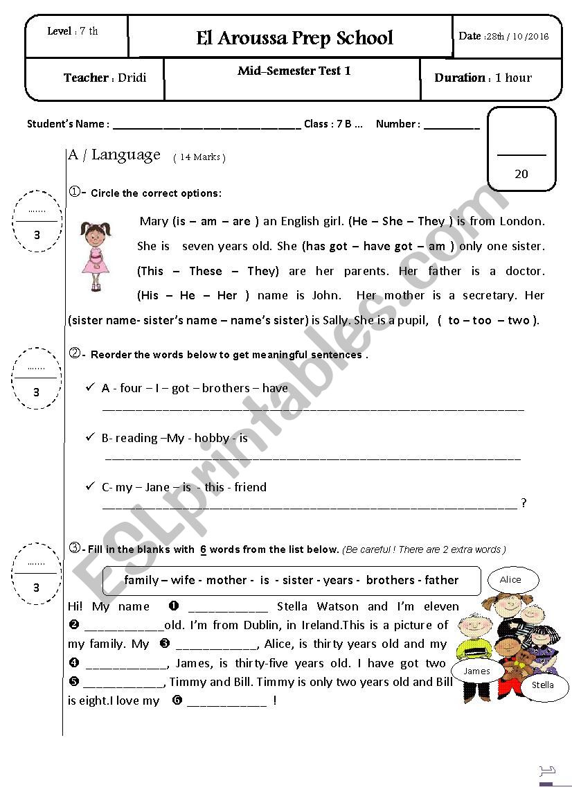 mid test 1 7th form worksheet