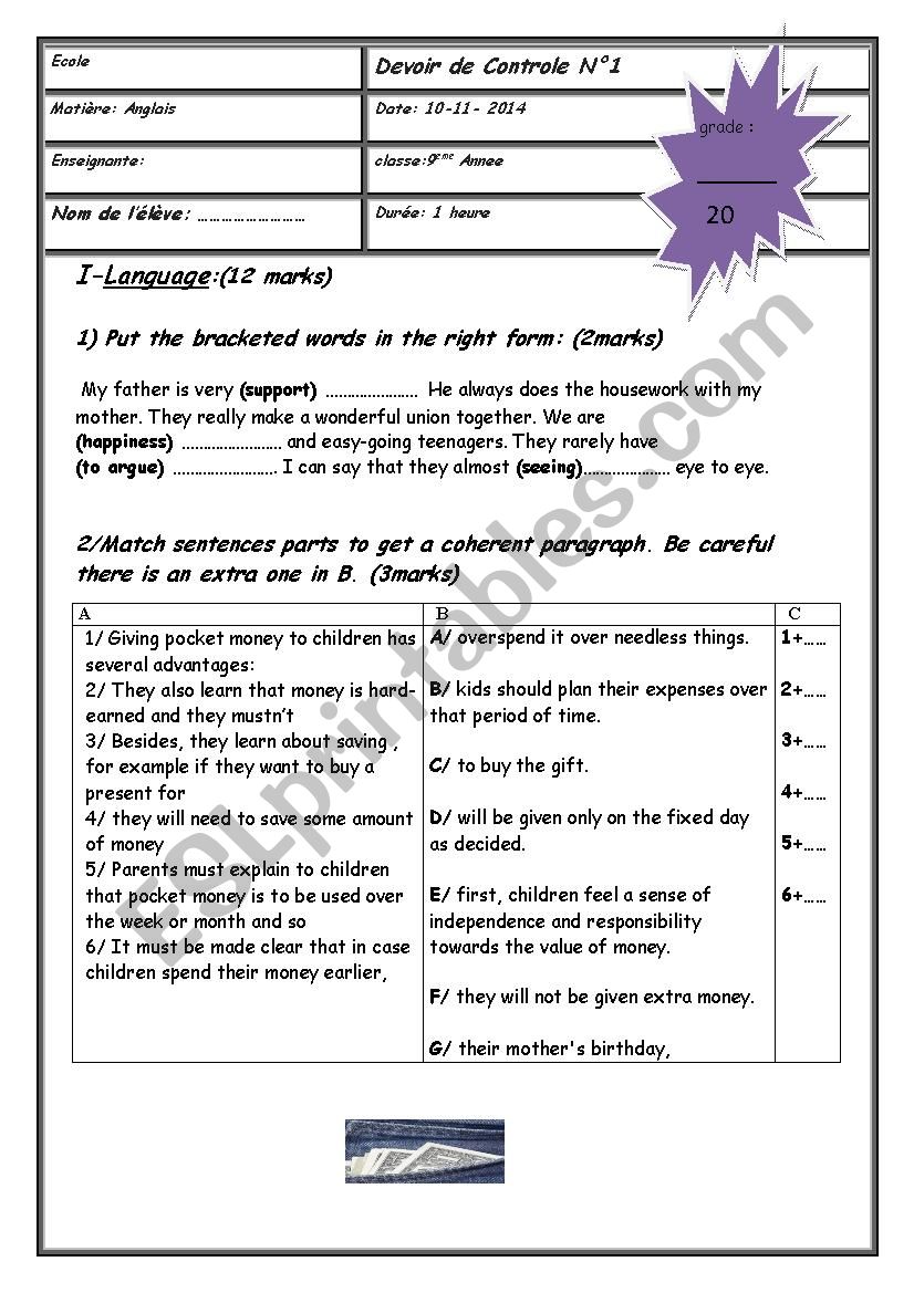 mid term  test N1 9th Form worksheet