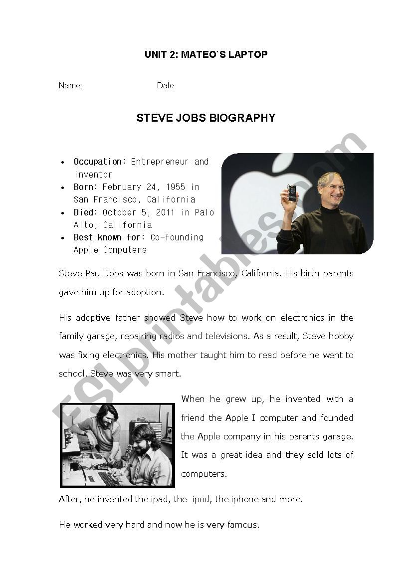 Steve Jobs reading worksheet
