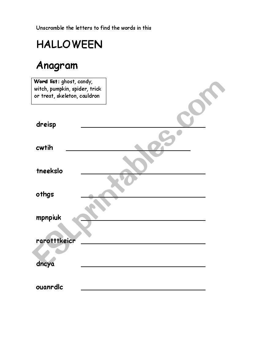 halloween anagram worksheet