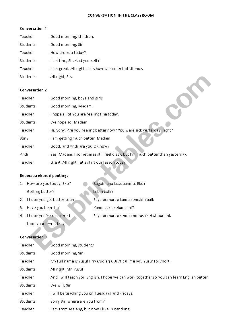 conversation in the classroom worksheet