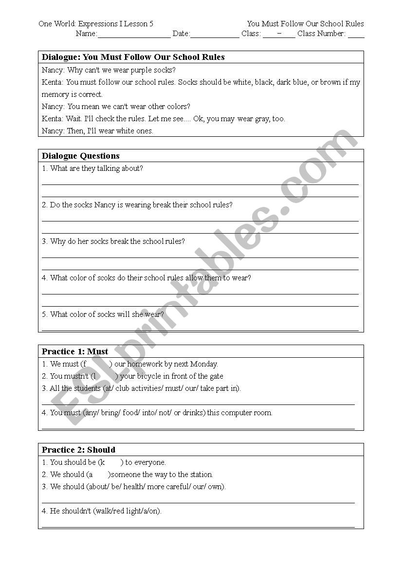 Must, Should, May worksheet