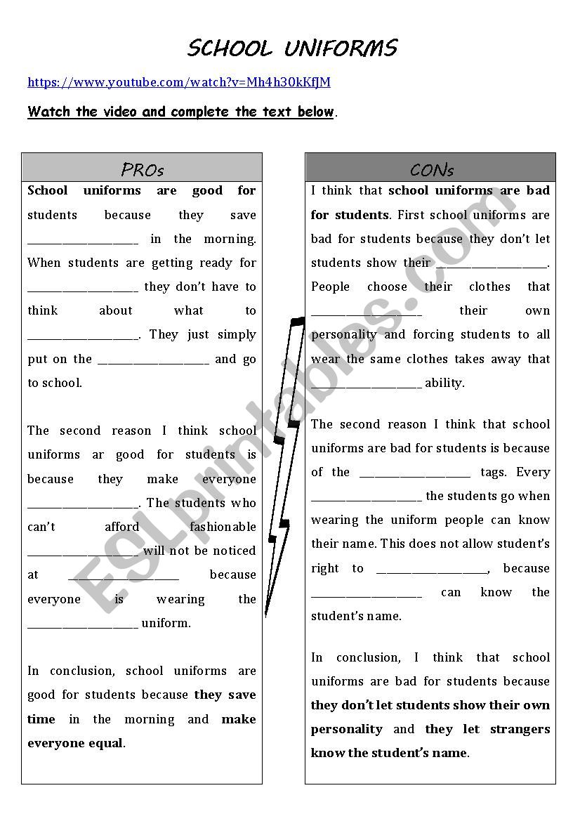 school uniforms, good or bad? worksheet