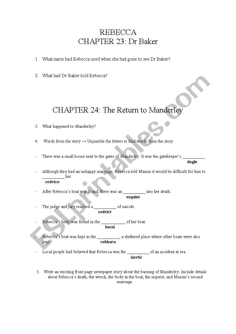 Rebecca, final chapters worksheet