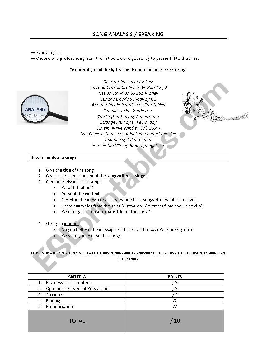 Protest songs, final tasks worksheet