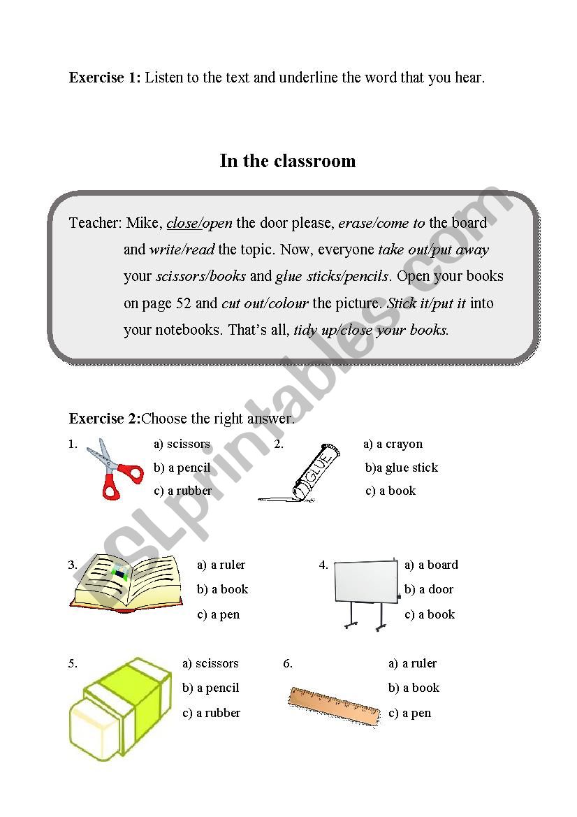 In the classroom worksheet