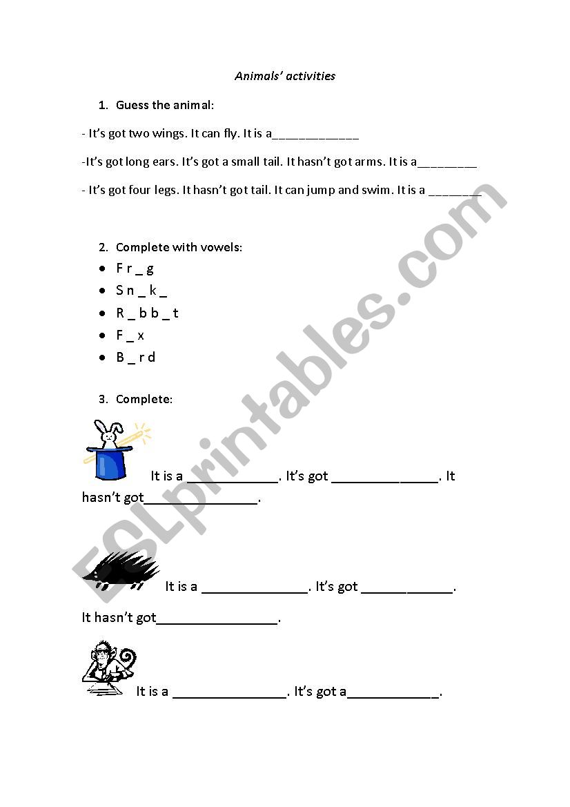 Animals activities worksheet