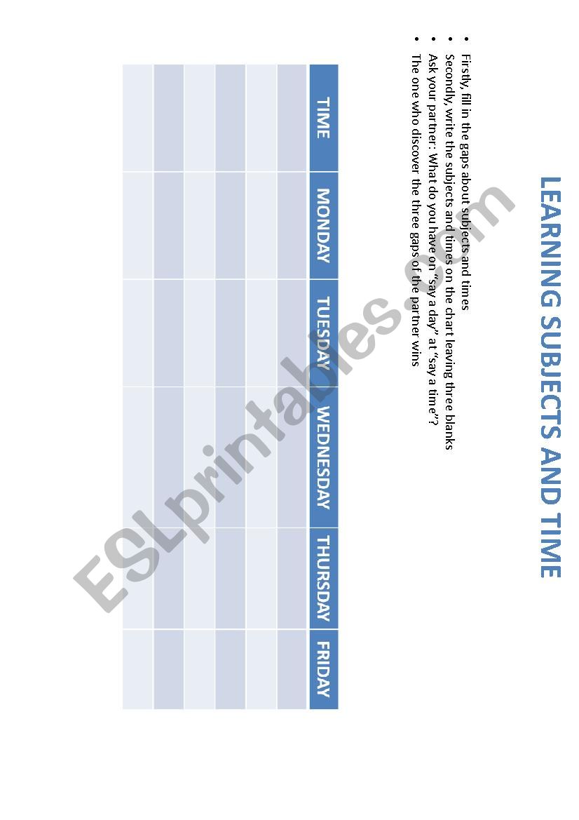 SUBJECTS AND TIME CHART worksheet