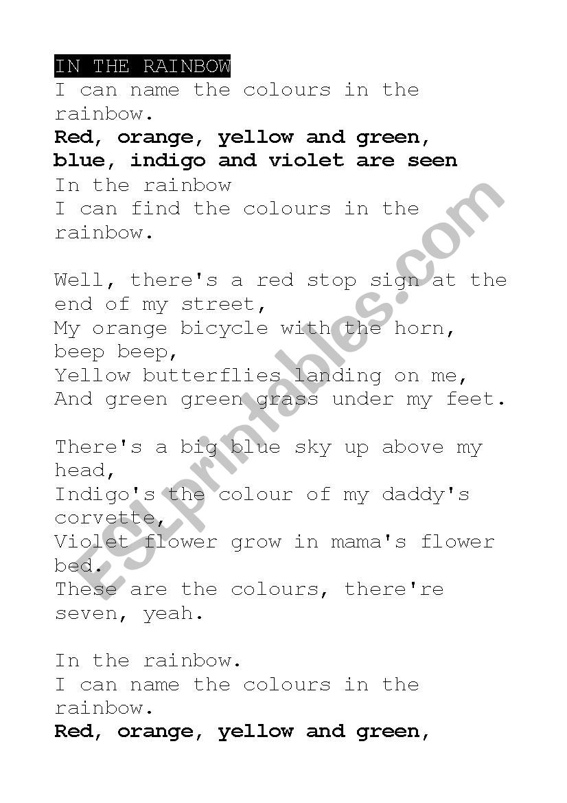 in the rainbow worksheet