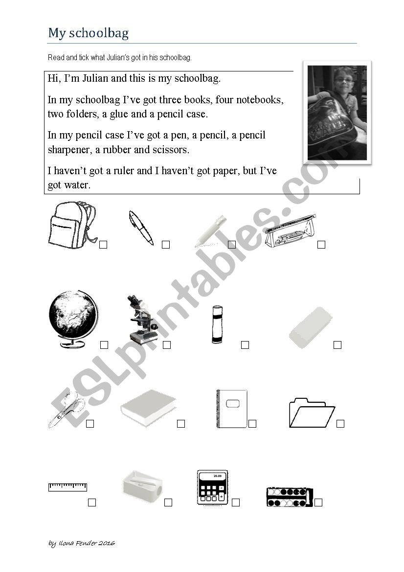 Whats in your schoolbag? worksheet