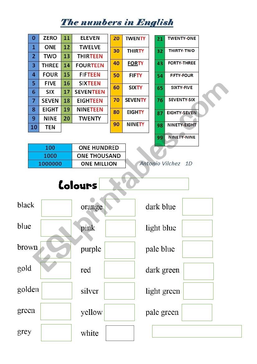 Numbers and colours worksheet