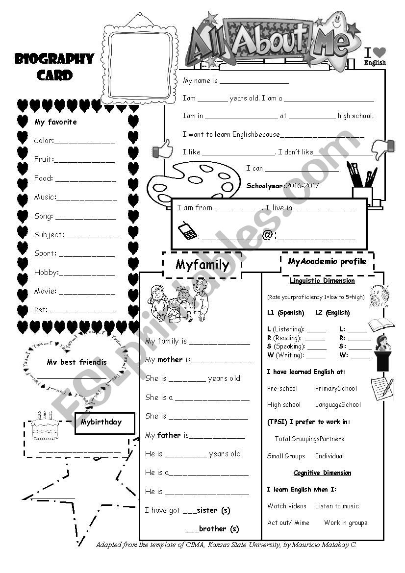 Biography Card worksheet