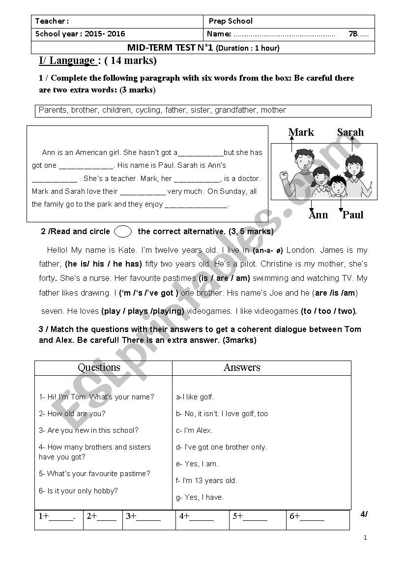 Mid term test 1 7th form worksheet