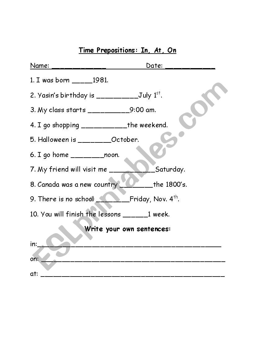 in at on time and location esl worksheet by melodieerickson