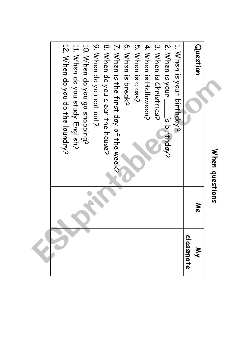 When questions dice worksheet