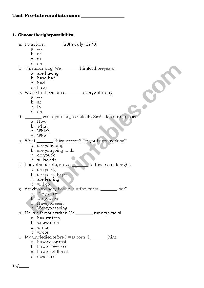 Grammar Test  worksheet