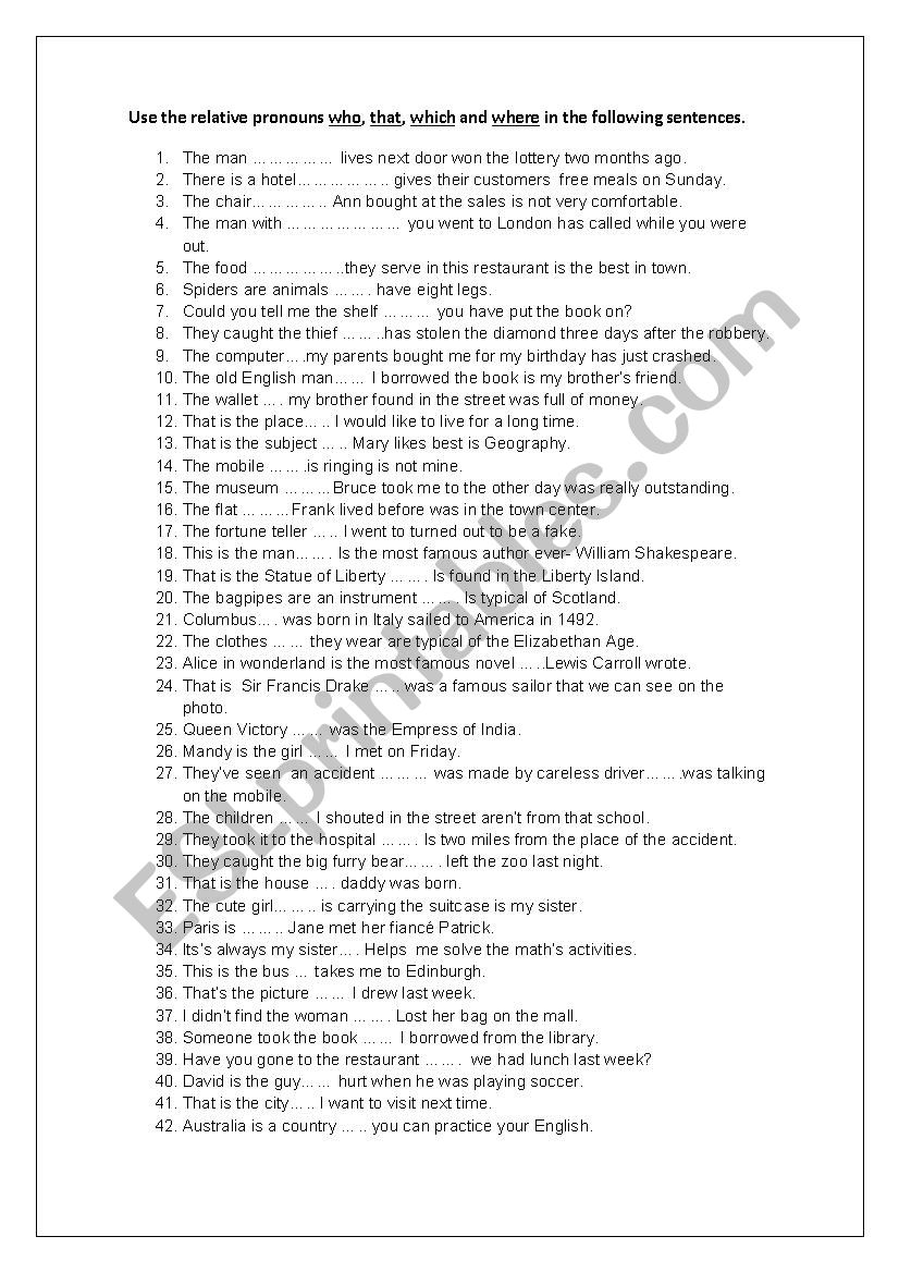 relative pronouns worksheet