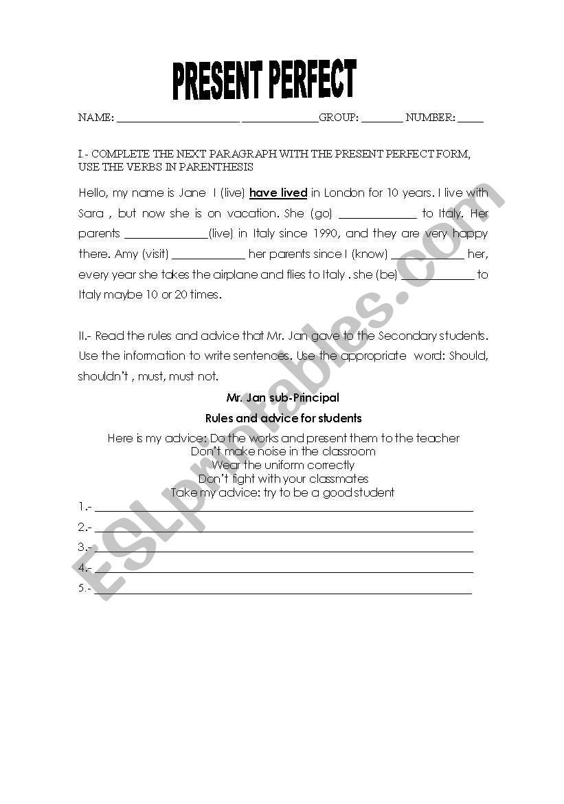 PRESENTE PERFECT TENSE worksheet