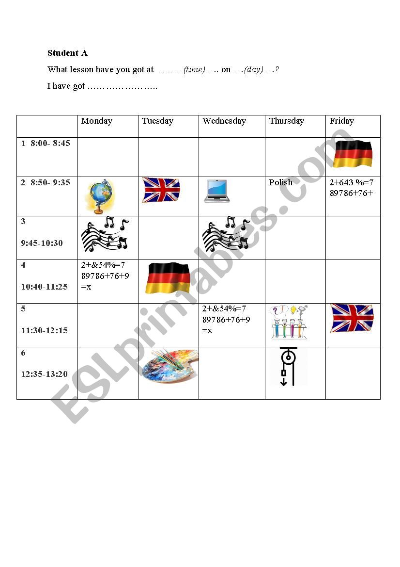 School timetable worksheet