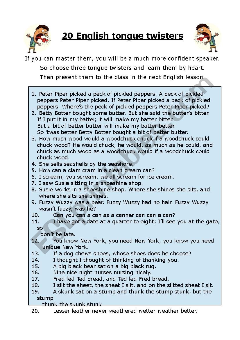 Tongue Twisters in English worksheet