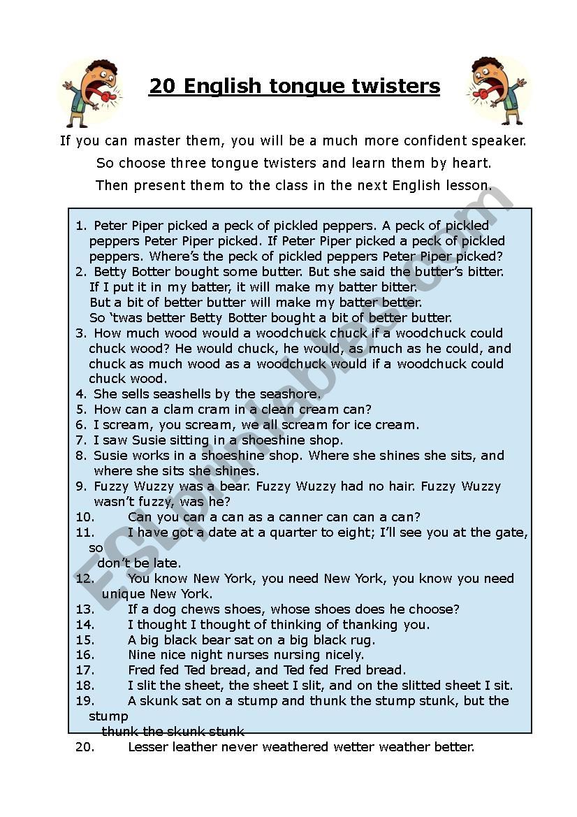 Tongue Twisters In English Esl Worksheet By Sabsiz