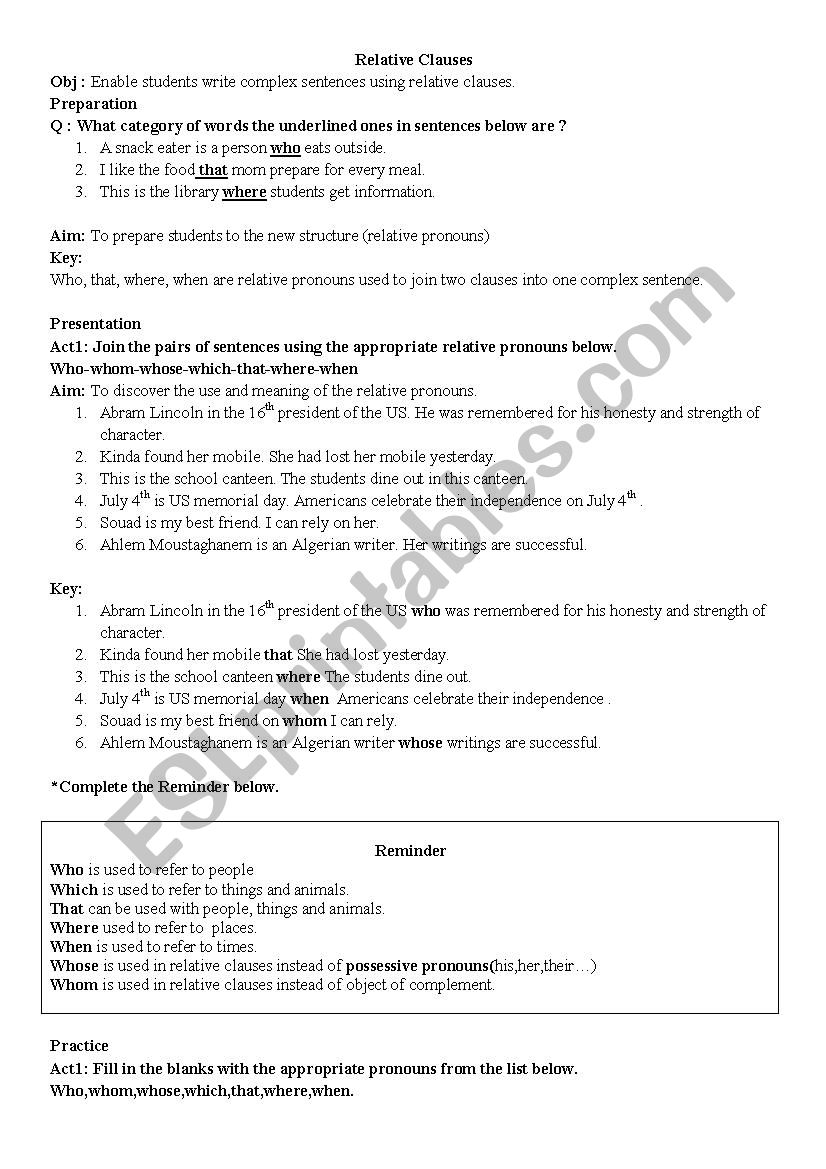 relative clauses worksheet