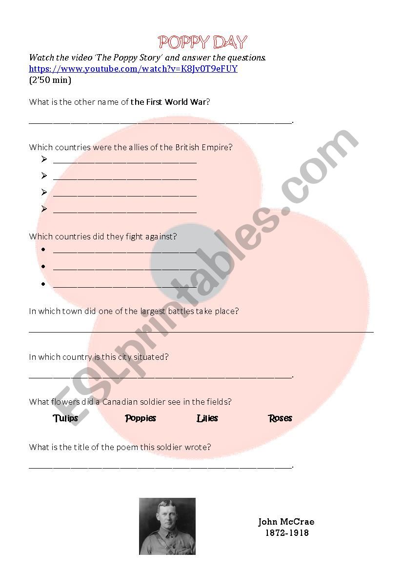 Poppy Day worksheet