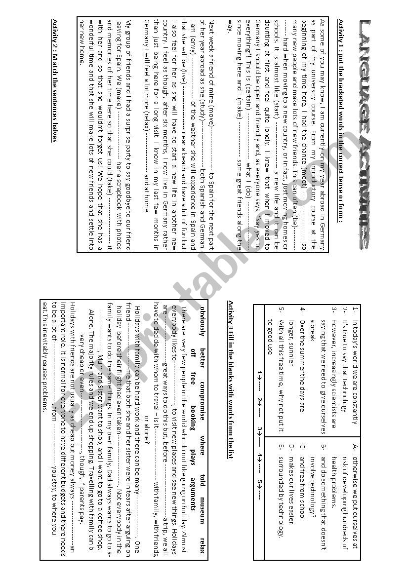 LANGUAGE activities  worksheet