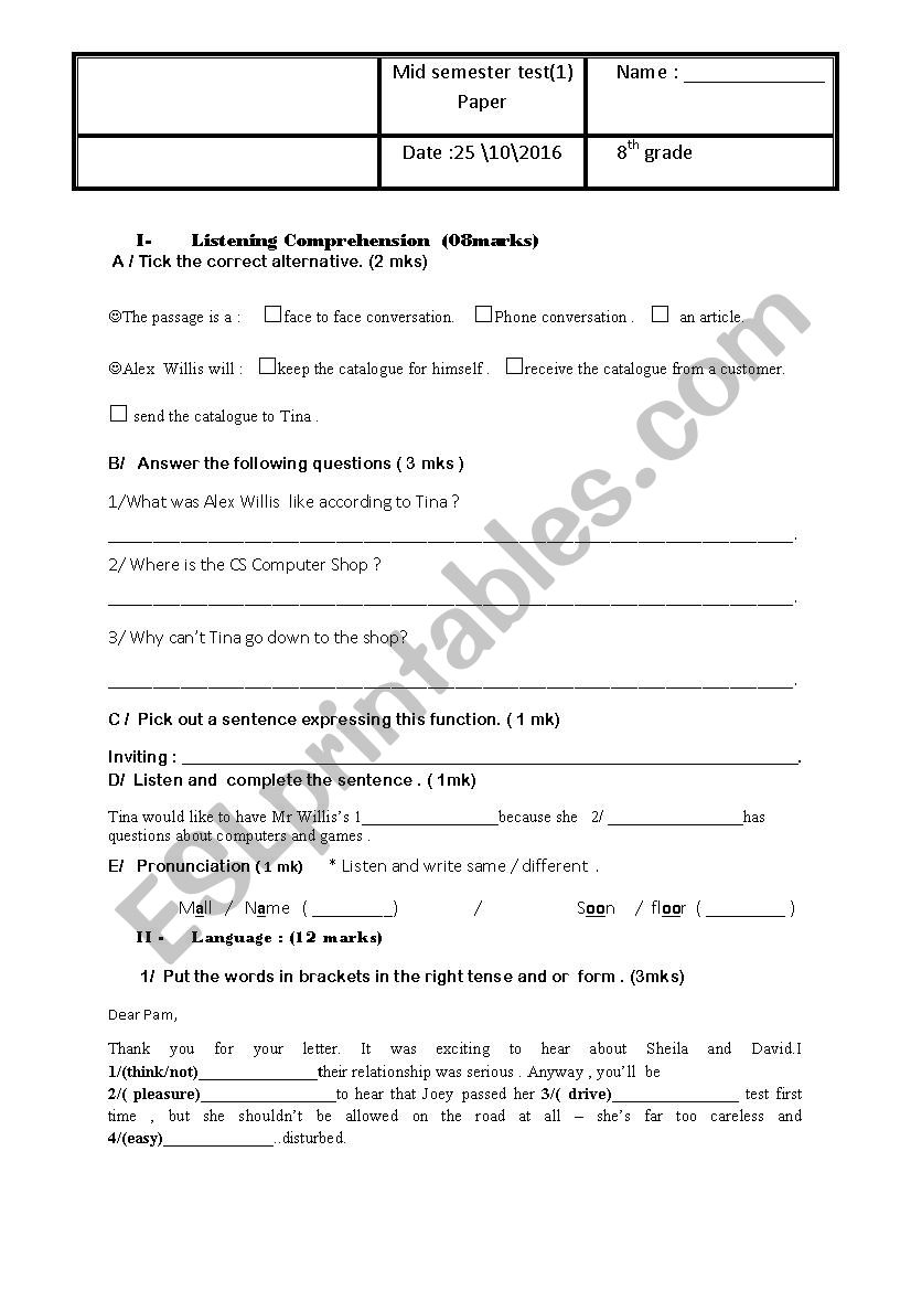 mid semester test 1 8th grade worksheet