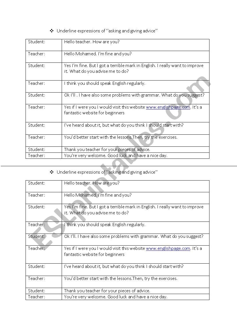 dialogue advice worksheet