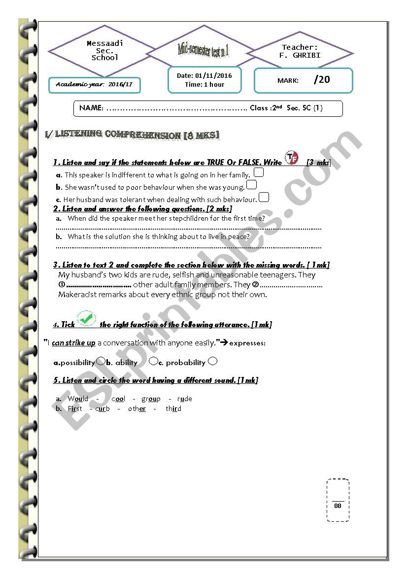 mid semester 1 test    2nd sec  SC