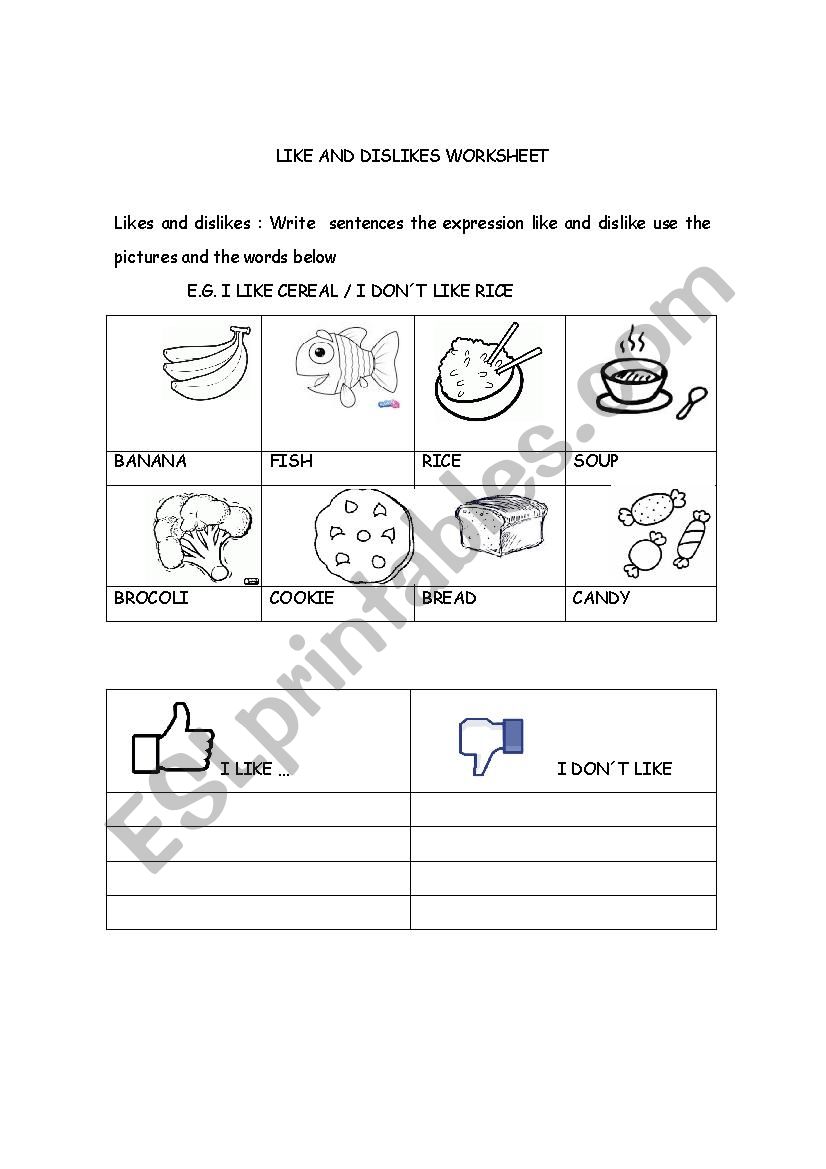 food like and dislike  worksheet