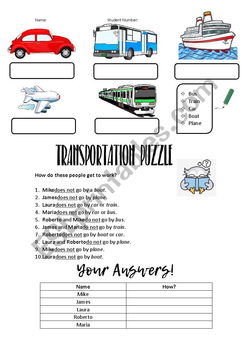 Transportation Puzzle worksheet