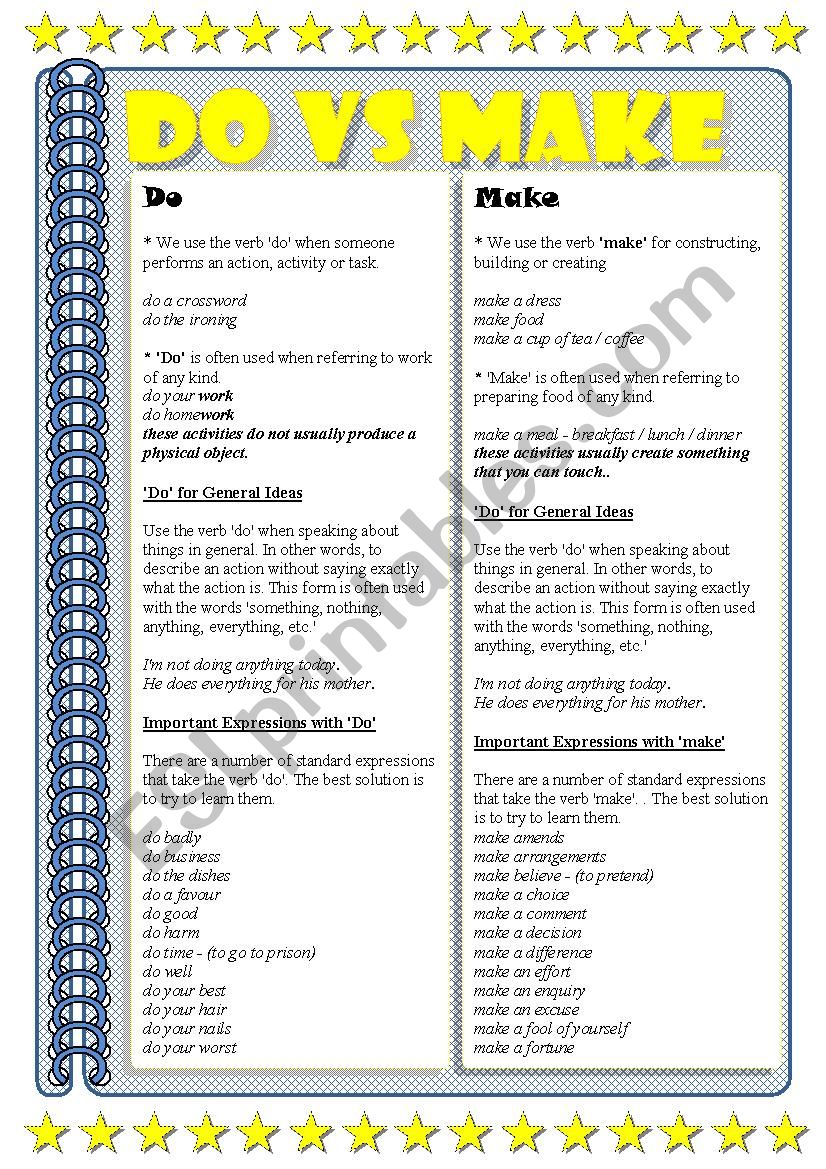 Make vs Do worksheet